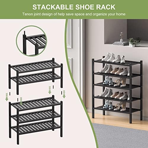 ROMGUAR CRAFT 3 Tier (Thick) Bamboo Shoe Rack for Entryway, Small Wood Shoe Shelf Storage Organizer for Closet, Shoe Stand for Hallway, Stackable and Sturdy 27"x12"x21" Black - Image 5