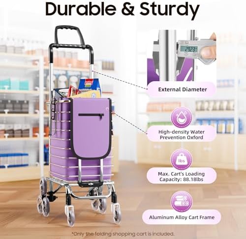 Folding Shopping Cart with Wheels 88 lbs Capacity Portable Grocery Cart Foldable Utility Cart with Storage Bag for Market Outdoor - Image 2