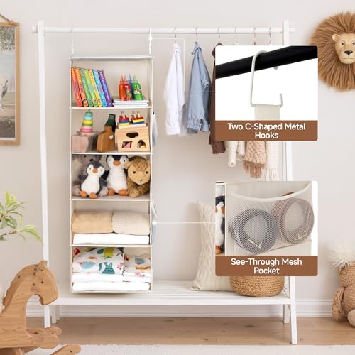 StorageWorks Hanging Closet Organizer for Small Closets, 5 Shelf | Add More Storage to Small Closets with 5 Reinforced Shelves, Perfect for Bedroom, Dorm and RV, Ivory White - Image 4
