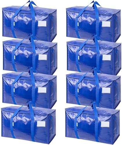 TICONN 8 Pack Extra Large Moving Bags Heavy Duty with Zippers & Carrying Handles, Durable Storage Bags Moving Boxes for Closet Organizers and Storage (8 Pack, Blue) by TICONN