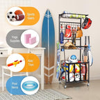 PLKOW Sports Equipment Storage for Garage, Indoor/Outdoor Sports Rack for Garage, Ball Storage Garage Organizer with Basket and Hooks,Toy/Sports Gear Storage - Image 2