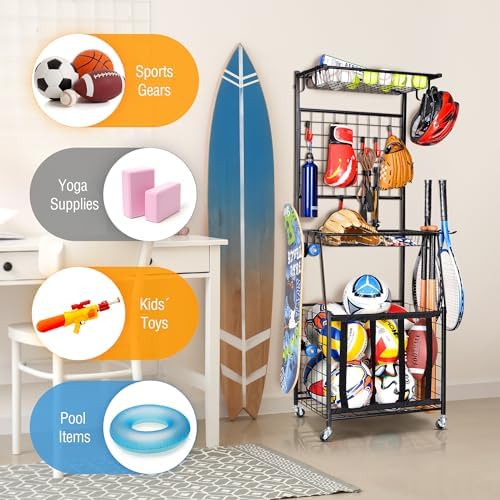 PLKOW Sports Equipment Storage for Garage, Indoor/Outdoor Sports Rack for Garage, Ball Storage Garage Organizer with Basket and Hooks,Toy/Sports Gear Storage - Image 2