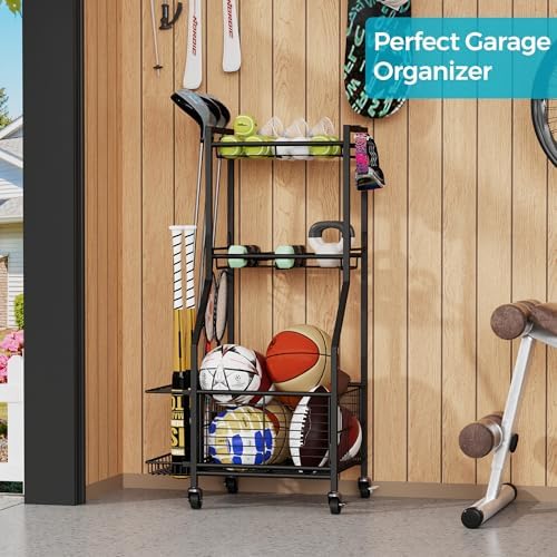 Sports Equipment Storage Rack with Wheels, 3-Tier Ball Organizer - Image 3