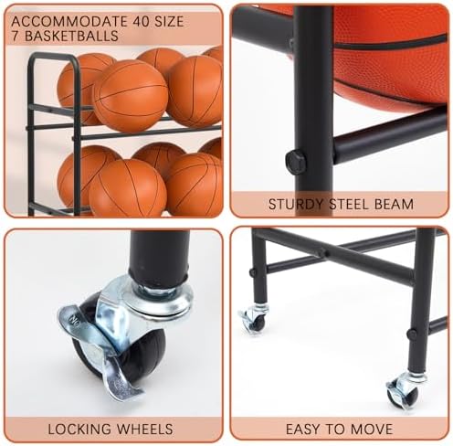 Colingmill Heavy Duty Basketball Rack with Wheels, Multi-tier Rolling Ball Storage Cart, Sports Equipment Organizer for School, Gym, Club Shoot Training(55 x 14 x 47 Inches,40 Balls) - Image 4