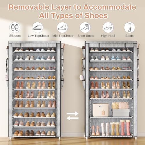 VTRIN Tall Shoe Rack with Cover, 10 Tier Shoe Organizer Storage for 50-55 Pairs Shoes and Boots Large Capacity Shoe Shelf with 8 Pockets Free Standing Shoe Rack for Closet, Entryway, Garage, Printing - Image 6