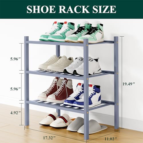 Smiry Bamboo Shoe Rack, 8 Vertical Slats, 3 Tier - 17.3" Wide, Grey - Image 2