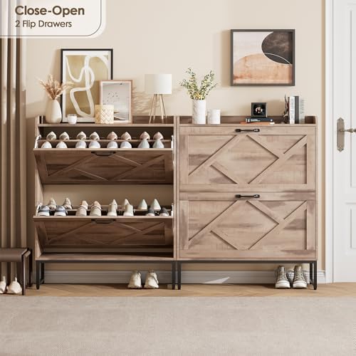 Nicetree Shoe Cabinet with 2 Flip Drawers，Freestanding Shoe Storage Cabinet, Narrow Shoe Organizer Cabinet, Farmhouse Slim Shoe Rack Cabinet for Entryway,Toasted Oak - Image 3