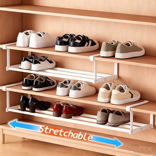 Under-Shelf Expandable Shoe Rack Organizer, White Metal, 40-70cm Width Adjustable, Cabinet Storage for Closet，Retractable Shoe Rack Organizer，Expandable（4 Pcs） - Image 3