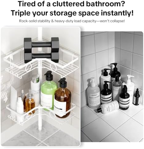 Corner Shower Caddy Tension Pole, 4 Tier Rustproof Shower Tension Rod Organizer with Soap Holder & Hooks, Adjustable 30-121 Inch Bathroom Shelf for Renters - Family Stand Storage Rack, White - Image 6