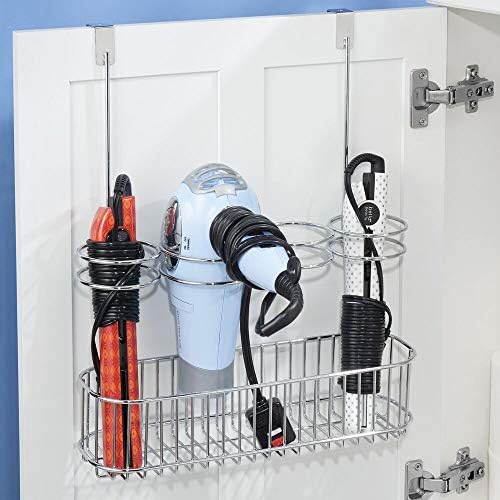 mDesign Metal Over Door Bathroom Hair Care & Styling Tool Organizer Storage Basket for Hair Dryer, Flat Irons, Curling Wands, Hair Straighteners - Hang Inside/Outside Cabinet Doors - Chrome - Image 4