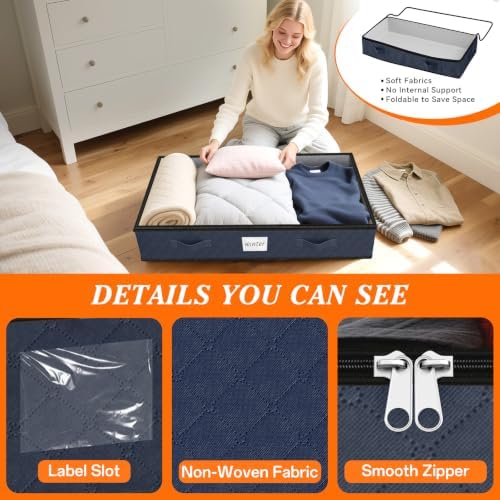 90L Under Bed Storage Containers, Storage Bags, Organizers, 8-Pack, Blue | Foldable, Soft Fabric, Closet Organizers, Reinforced Handle, Label Holder, Clear Window, for Comforters, Clothing, Blankets - Image 4