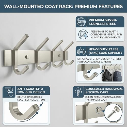 Coat Rack Wall Mount – Brushed Nickel 12 Inch Stainless Steel Hook Rail with 4 Heavy Duty Double Coat Hooks – Wall Mounted Coat Hanger for Entryway, Bathroom, Bedroom, Towel, Hat Organizer - Image 4