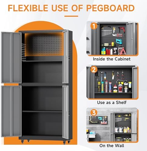 71" H Metal Tool Storage Cabinet with Lock and Wheels, Heavy Duty Garage Cabinet with 4 Doors and 2 Adjustable Shelves, Tool Organizer with Pegboard for Garage, Warehouse (Black&Gray, 71" H) - Image 5