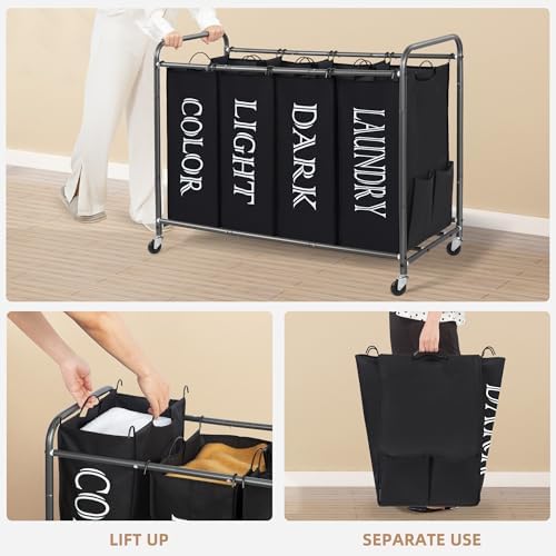 STORAGE MANIAC Laundry Sorter 4 Section, 47.5 Gal (180 L) Laundry Hamper with Wheels, Clothes Divider Basket Sorter, Separator Hamper Cart with Removable Bags, Label Black - Image 4