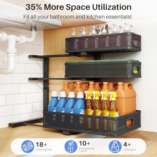Under Sink Organizer, 3-Tier Thickened Metal Pull out Cabinet Organizer Shelf, Height Adjustable Slide out Storage Drawer Rack for Kitchen Bathroom Pantry Laundry Home Organization, 1-Pack, Black - Image 4
