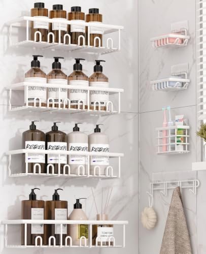 8 Pack Adhesive Rustproof Shower Caddy with Soap Dishes, Toothbrush Holder & Hooks, Large Capacity No-Drilling Shower Shelves Rack for Bathroom Organizers and Storage Accessories, White by Unknown