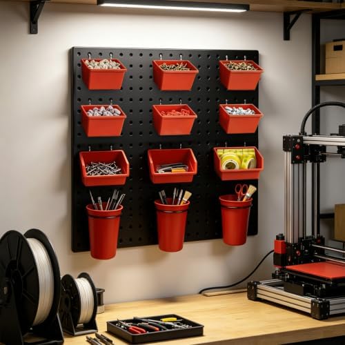 Pegboard Bins Cups with Hooks & Loops 12 Pack Peg Board Organizer (Red) - Image 4