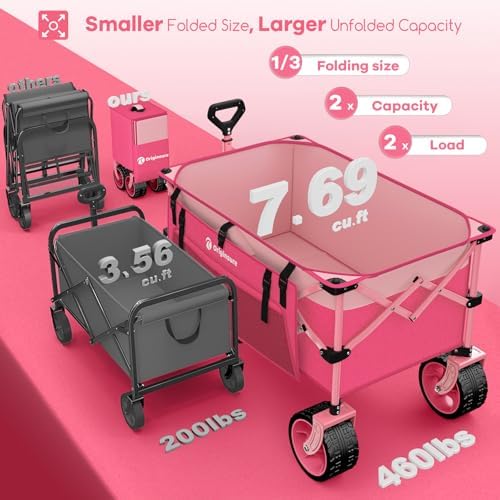Originsure 220L Collapsible Beach Wagon Cart with Big Wheels, 460lbs, Pink - Image 3