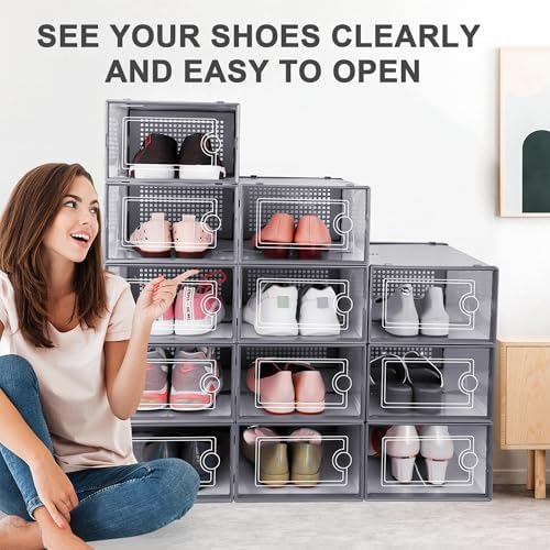 Kuject 12 Pack Large Shoe Boxes, Clear Stackable Containers with Lids,Grey - Image 6