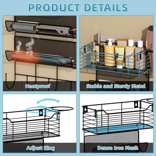 4 Tier Hair Tool Organizer Wall Mount, curling iron holder Basket, Black - Image 5