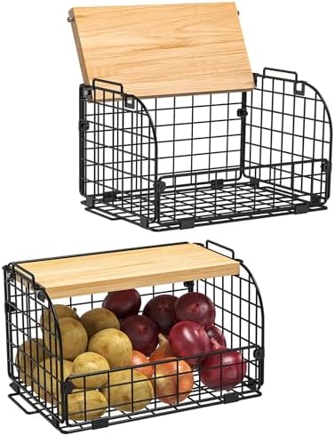 2 Set Stackable Wire Basket with Openable Top, Kitchen Counter, Pantry Organizer and Storage Produce Onion Potato Fruits Vegs Bread Food Snack Spice Organizing Bin for Cabinet Shelf Countertop Floor by JobenOligey