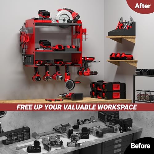 YYR Power Tool Organizer Wall Mount with Charging Station, Cordless Tools Hanger and Battery Storage Rack for Garage Organization, Heavy Duty Drill Holder Shelf Build in Metal Power Strip - Red - Image 5