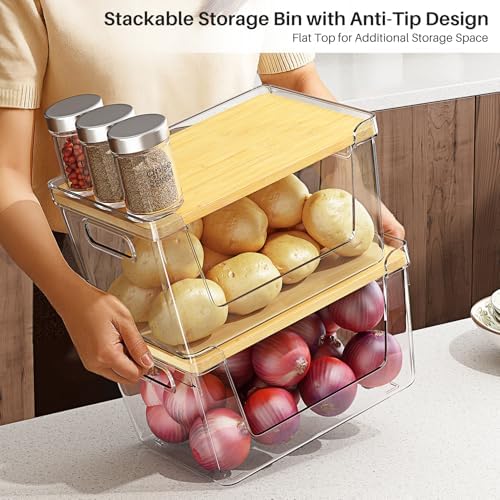 2 Set Pantry Organizer and Stackable Storage Kitchen,Sturdy and Durable Storage Basket for Potato, Onion, Garlic, Fruit, Vegetable, Produce, Clear Plastic Storage with Lid&Handle - Image 3
