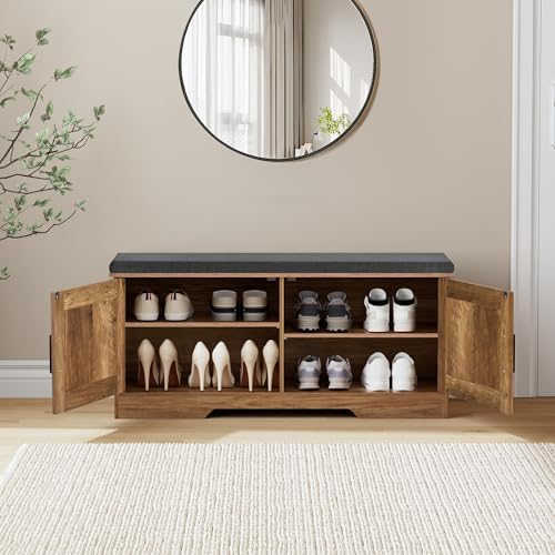 HOMSHO Farmhouse Shoe Storage Bench with 2 Barn Doors & Padded Seat Cushion - Image 4