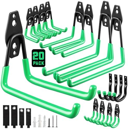 Garage Hooks, 20-Pack Steel Garage Accessories for Organization and Storage, Heavy Wall Mount Duty Hooks with Anti-Slip Coating for Hanging Ladder, Bike, Power Tools and More Tools, Green by MakeLifeBetterEasier