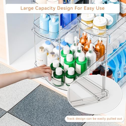 2 Pack 3 Tier Large Pull Out Bathroom Organizers and Storage,13.8″ Deep Sliding Kitchen Under Sink Organizer for Cleaning Products Storage,Acrylic Clear Bathroom inder Sink Organizer,Undersink Storage - Image 5