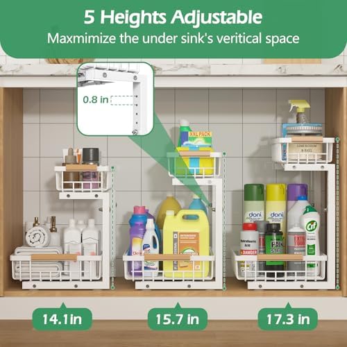 ADRIMER Under Sink Organizer 2 Packs, Pull Out Kitchen Sink Organizer, 2 Tier Slide Out Kitchen Organizers and Storage Bathroom Under Cabinet Storage Shelf, White - Image 3