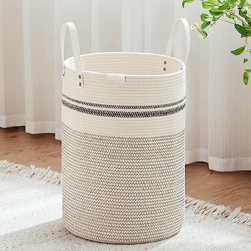 VIPOSCO 72L Tall Woven Rope Laundry Hamper, Leather Handles, Stripe White by VIPOSCO