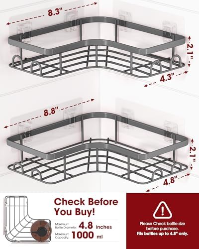 Sakugi Corner Shower Caddy - 2 Pack, Adhesive Shower Organizers, Rustproof Stainless Steel Shower Shelves with 8 Hooks, No Drilling Bathroom Organizers and Storage Racks, Space-Saving, Grey, Large - Image 2