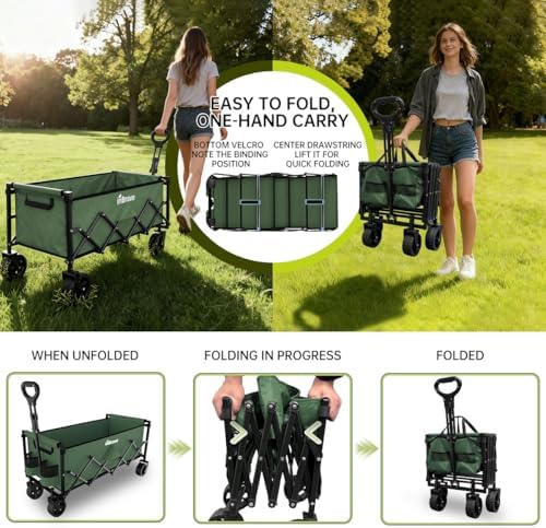 34" Extra Long Collapsible Wagon Cart, 480LBS Capacity, Army Green - Image 3
