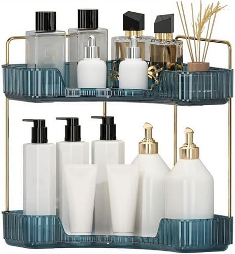 INVSSENE Corner Bathroom Countertop Organizer, Vanity Organizer Trays for Counter, Makeup Organizers, Perfume Tray, Skincare Shelf Storage Gifts for Women Girl Student (Blue, 2 Tiers) by INVSSENEORGANIZERS