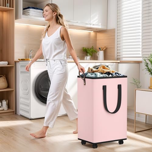 SpaceTrove Rolling Laundry Basket with Wheels, Laundry Hamper, 80L, Pink - Image 3