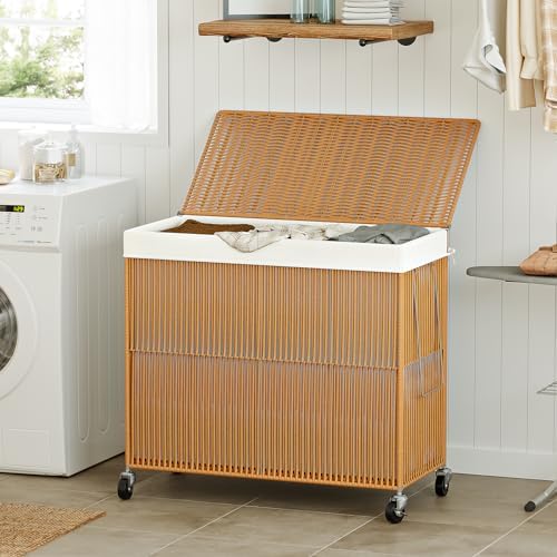 WOWLIVE Laundry Basket 3 Section, Handwoven Laundry Hamper with Wheels - Image 2