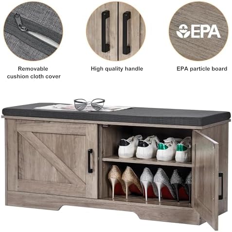HOMSHO Farmhouse Shoe Storage Bench with 2 Barn Doors & Padded Seat Cushion - Image 5