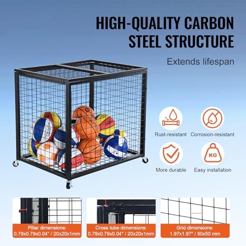 VEVOR Rolling Sports Ball Storage Cart, Lockable Basketball Cage with Double Lids, Sport Equipment Holder Organizer for Indoor Outdoor, Steel Storage Rack for Garages, Playgroup, Gym and Schools - Image 5