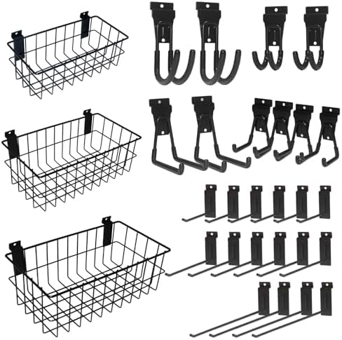 NeatiEase 29 PCS Slatwall Accessories Kit for Garage Rooms Shops Storage, Slat Wall Accessory Includes 3 Pack Slatwall Baskets Set and 26 PCS Multisized Heavy Duty Slatwall Hooks by NeatiEase