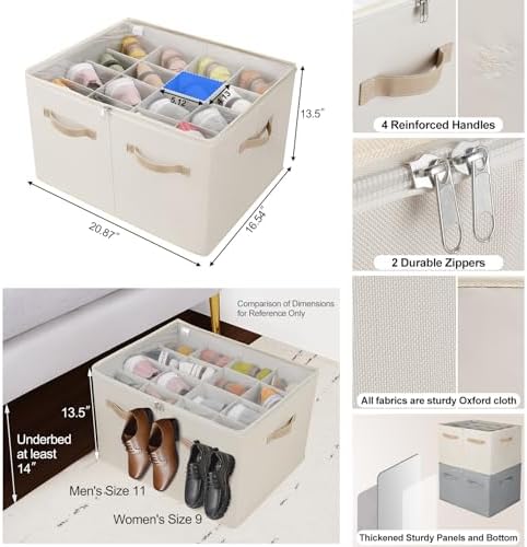 TOPIA HOME Shoe Organizer for Closet, Foldable Shoe Box with Adjustable Dividers and Clear Cover, Space Saving Shoe Storage Organizer Cabinet with Reinforced Handles, Fits 16 Pairs, Beige TP09Y - Image 3