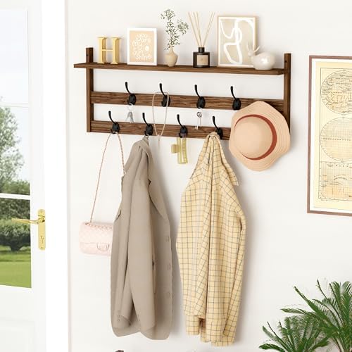 AMBIRD Coat Rack Wall Mount with Shelf, 29" Coat Hooks Wall Mounted with 9 Metal Hooks for Entryway, Bathroom, Bedroom, Living Room, Kitchen, 2 Tier Wall Hooks for Clothes, Hat, Towel, Key, Purse - Image 4