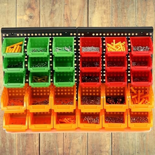 30-Bin Wall Mounted Storage Bins Kit, Tool Organizer Rack, Garage Hardware Organizer, Parts Storage Bins, DIY Combination(Red & Green & Orange Type) - Image 4