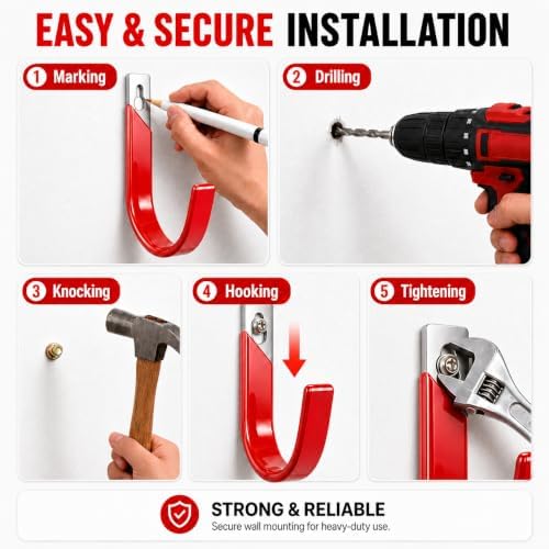 Garage Wall Hooks for Hanging Heavy Duty, 4 Pack Garage Organizer Storage Hooks Wall Mount for Garden Hoses, Brooms, Ladders, Garage Storage - Image 4