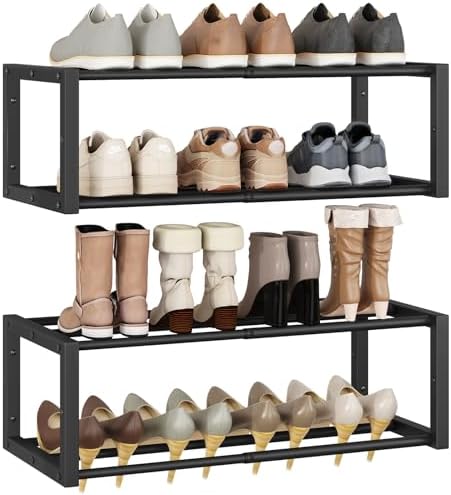 IBUYKE 2 Pack Wall Mounted Shoe Rack, 2-Tier 16"-29" Expandable Hanging Shoe Organizer for 12-16 Pairs, Space Saving Metal Wall Shoe Storage for Entryway Closet, Black TXJ001B-2 by IBUYKE