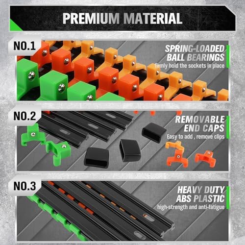 SWANLAKE Organizer Socket Holder, 9PCS 1/4-Inch x 48 Clips, 3/8-Inch x 45 Clips, 1/2-Inch x 36 Clips, Premium Quality Socket Clip Rail Holder - Image 4