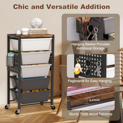 Rolling Cart with Drawers, Rolling Storage Cart with Large Plastic Drawers & Wooden Tabletop, Utility Cart with Pegboards & Basket, Storage Drawers Cart for Living Room, Classroom, Bedroom, Office - Image 5