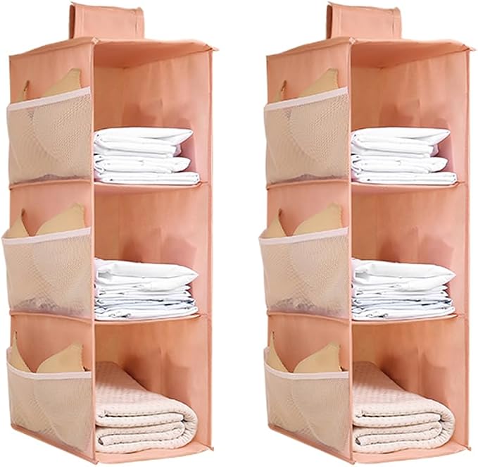 Hanging Closet Organizer, 4-Section Storage Shelves, Oxford Cloth with Mesh Pockets, (Pink, 3 Section) by Fasolara