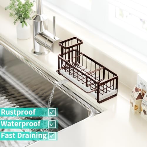 HapiRm Sponge Holder for Kitchen Sink - Self-draining Sink Caddy with Brush and Dishcloth Holders, Stainless Steel Kitchen Organizer for Countertop - Bronze - Image 5
