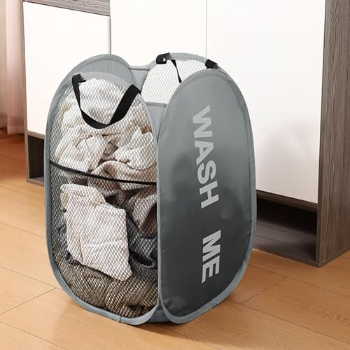Collapsible Mesh Pop Up Laundry Hamper 2Pack Foldable Laundry Basket for clothing, stuffed animals, towels, for Laundry Room, Dorm, Apartment (Black+Grey) - Image 6